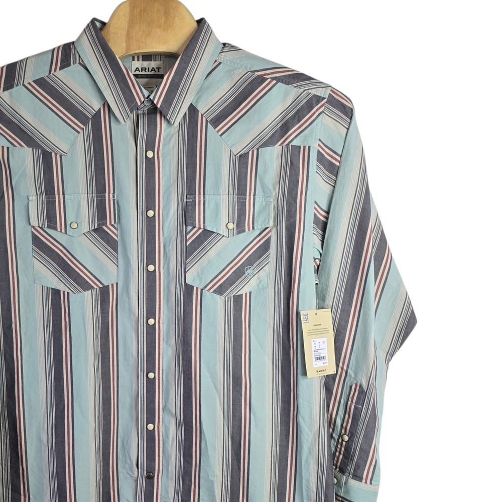 Ariat Retro Fitted Mens XXL Blue Striped Western Pearl Snap Cotton Shirt NWT